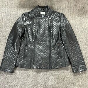 Neiman Marcus Black, Quilted Leather Jacket EUC Size Large Asymmetrical Zipper